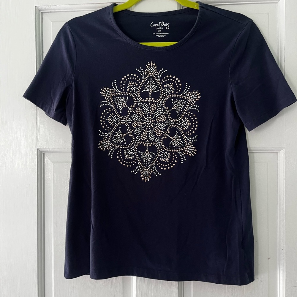 Coral Bay Dark Blue Embellished Short Sleeve Tee